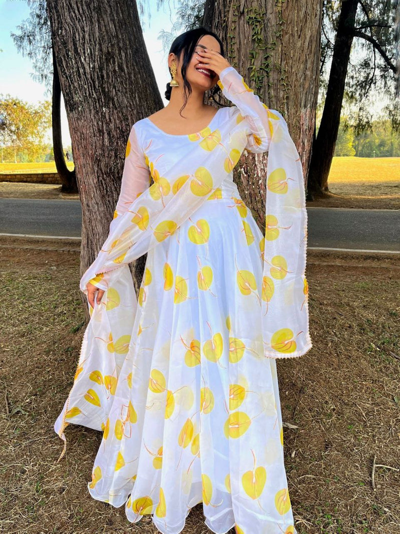 WHITE & YELLOW PRINTED GEORGETTE ANARAKALI WITH DUPPTA COLLECTION