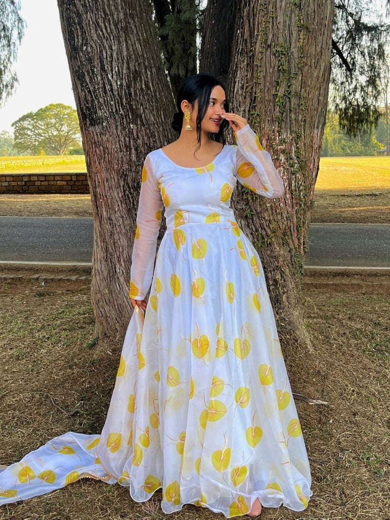 WHITE & YELLOW PRINTED GEORGETTE ANARAKALI WITH DUPPTA COLLECTION