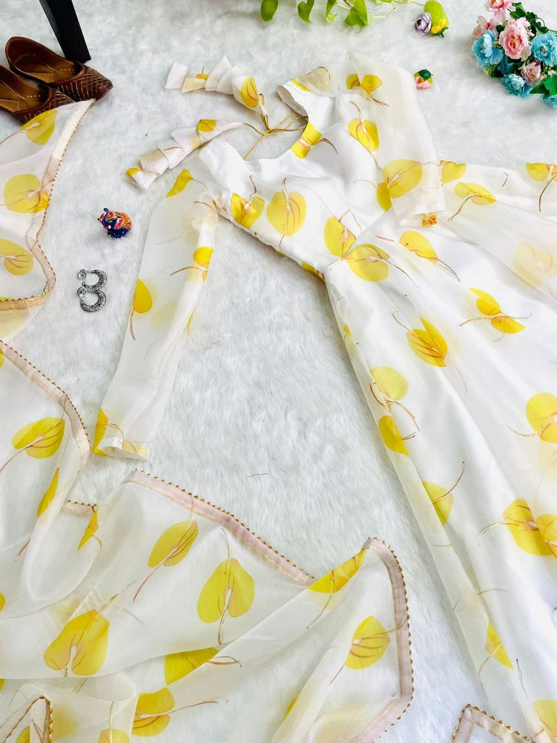 WHITE & YELLOW PRINTED GEORGETTE ANARAKALI WITH DUPPTA COLLECTION