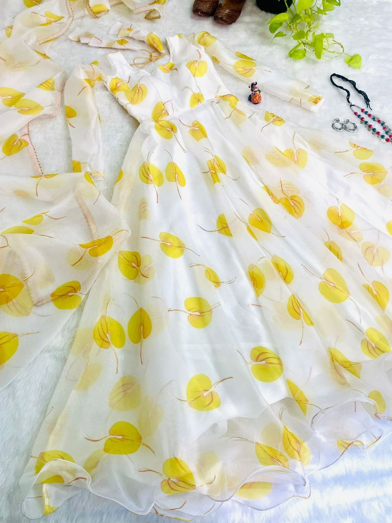 WHITE & YELLOW PRINTED GEORGETTE ANARAKALI WITH DUPPTA COLLECTION