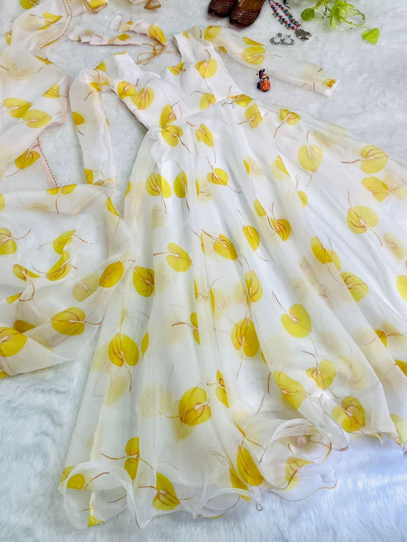 WHITE & YELLOW PRINTED GEORGETTE ANARAKALI WITH DUPPTA COLLECTION