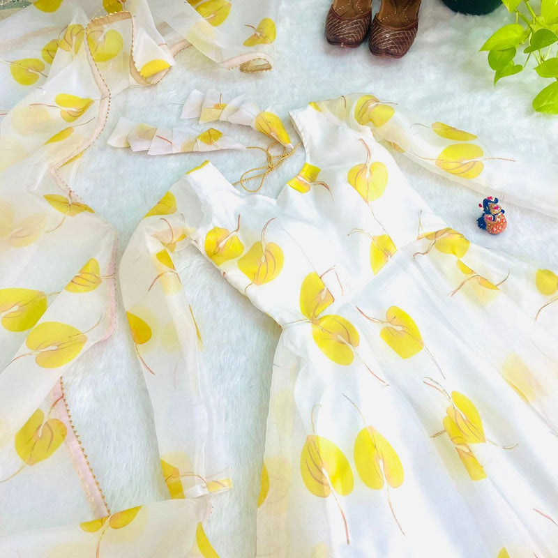 WHITE & YELLOW PRINTED GEORGETTE ANARAKALI WITH DUPPTA COLLECTION