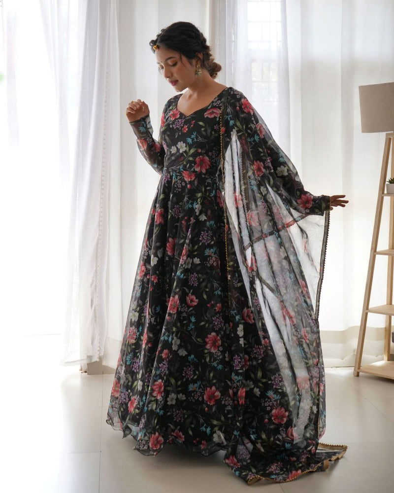 BLACK BEAUTY PLUS SIZE GEORGRTTE WITH DIGITAL PRINT GOWN + DUPPTA COLLECTION