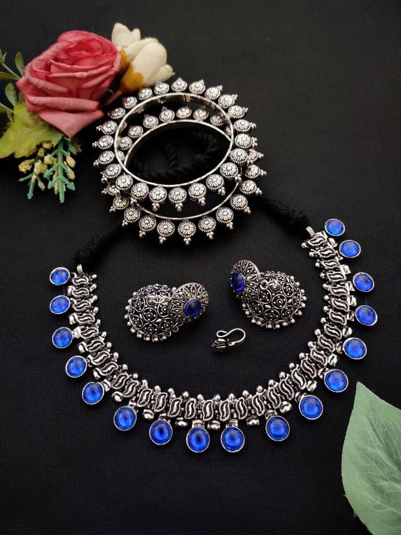 Beautiful Silver Oxidized Multi Stone Necklace Set