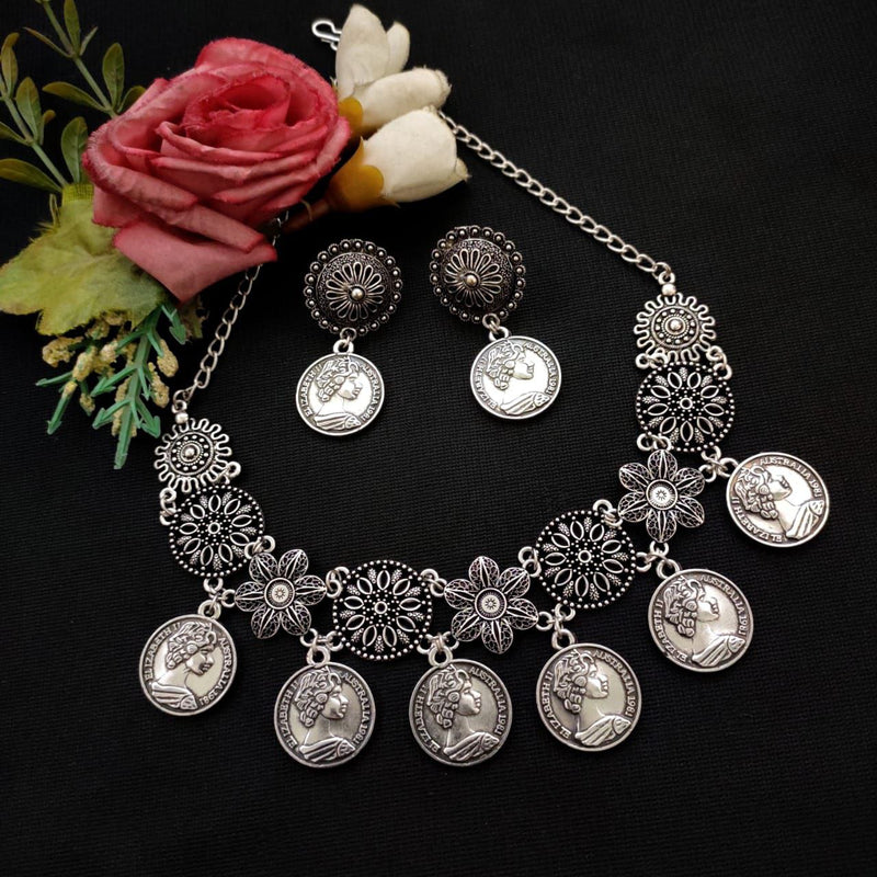 Beautiful Oxidized Plated Choker Set And Earrings