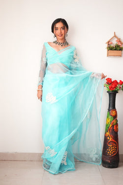 ITS TIME  PARTY WEAR ONE MINUTE SAREE BEAUTIFUL FLOWER EMBROIDARY WORK WITH ALL SIDE LACE