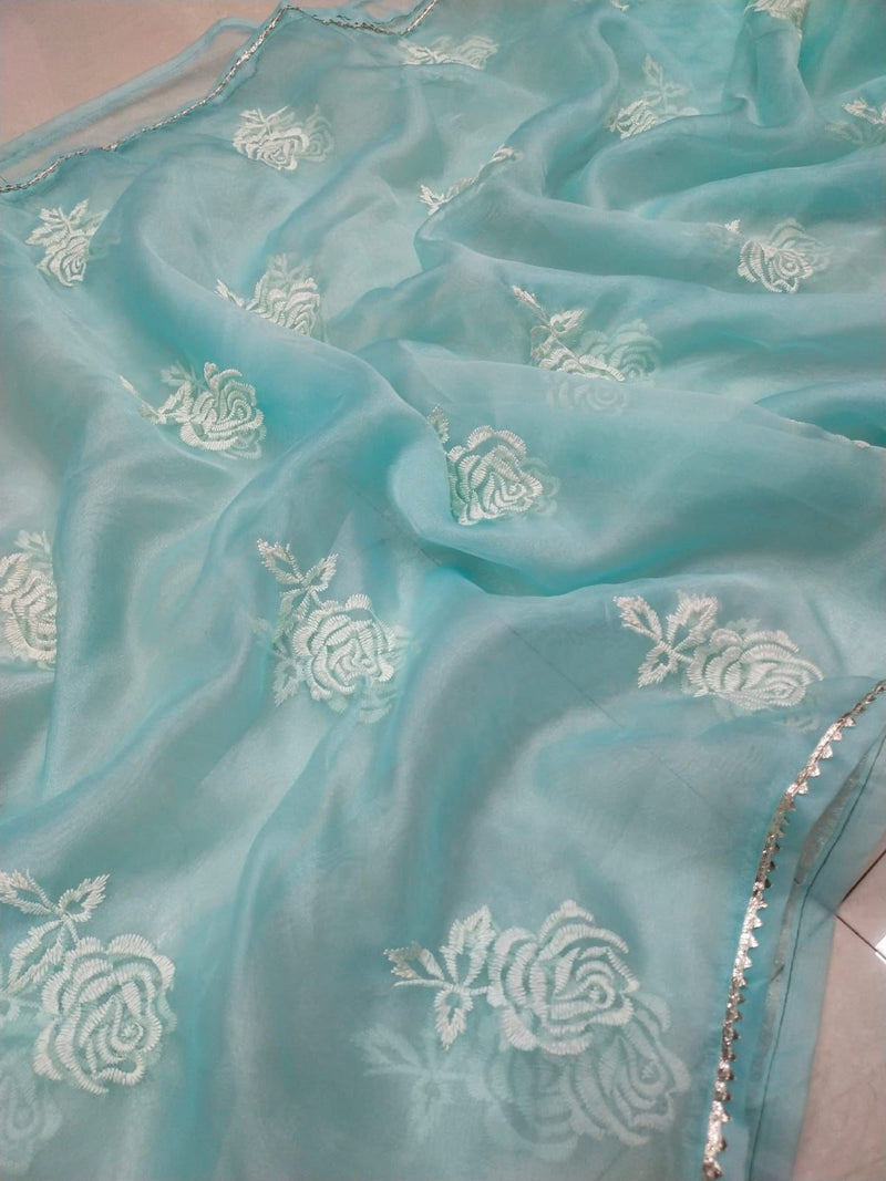 ITS TIME  PARTY WEAR ONE MINUTE SAREE BEAUTIFUL FLOWER EMBROIDARY WORK WITH ALL SIDE LACE