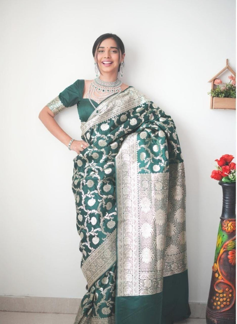 ONE MINUTE BOTTLE GREEN WITH SILVER WEAVING SAREE AND JACQUARD BORDER WORK UNSTITCHED BLOUSE