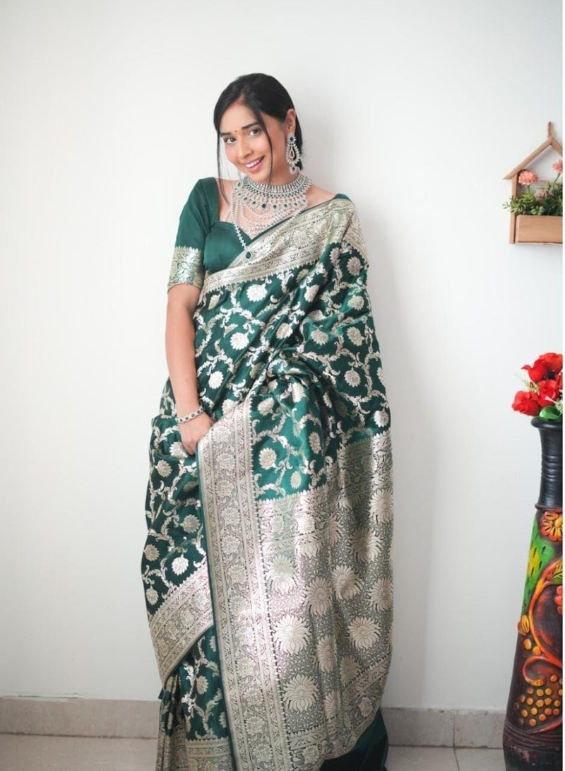 ONE MINUTE BOTTLE GREEN WITH SILVER WEAVING SAREE AND JACQUARD BORDER WORK UNSTITCHED BLOUSE