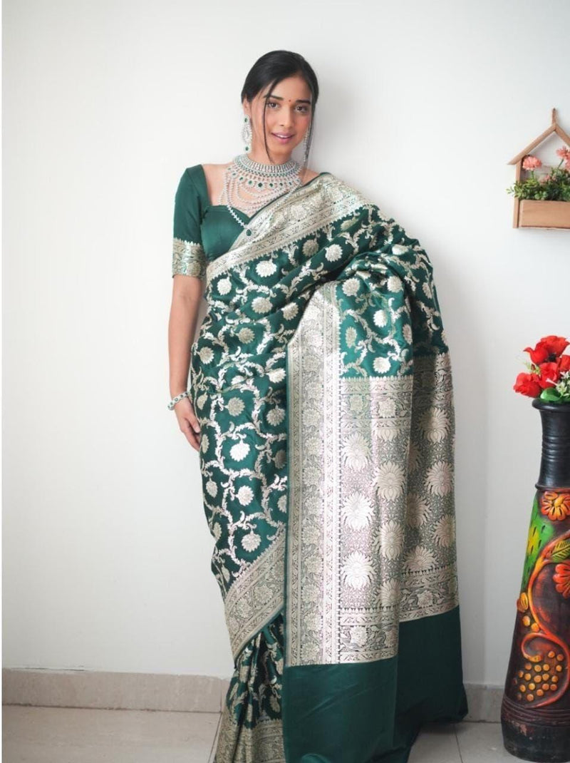 ONE MINUTE BOTTLE GREEN WITH SILVER WEAVING SAREE AND JACQUARD BORDER WORK UNSTITCHED BLOUSE