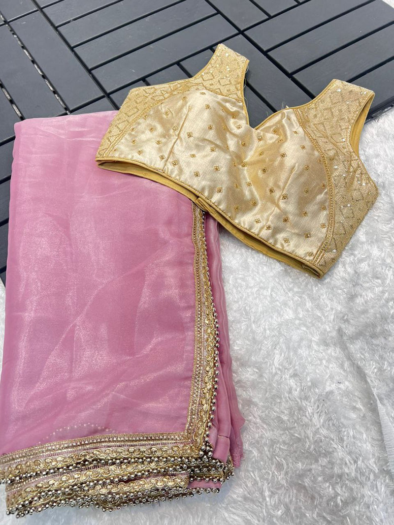 Glamour Unleashed: Satin Organza Saree in Silver & Peach