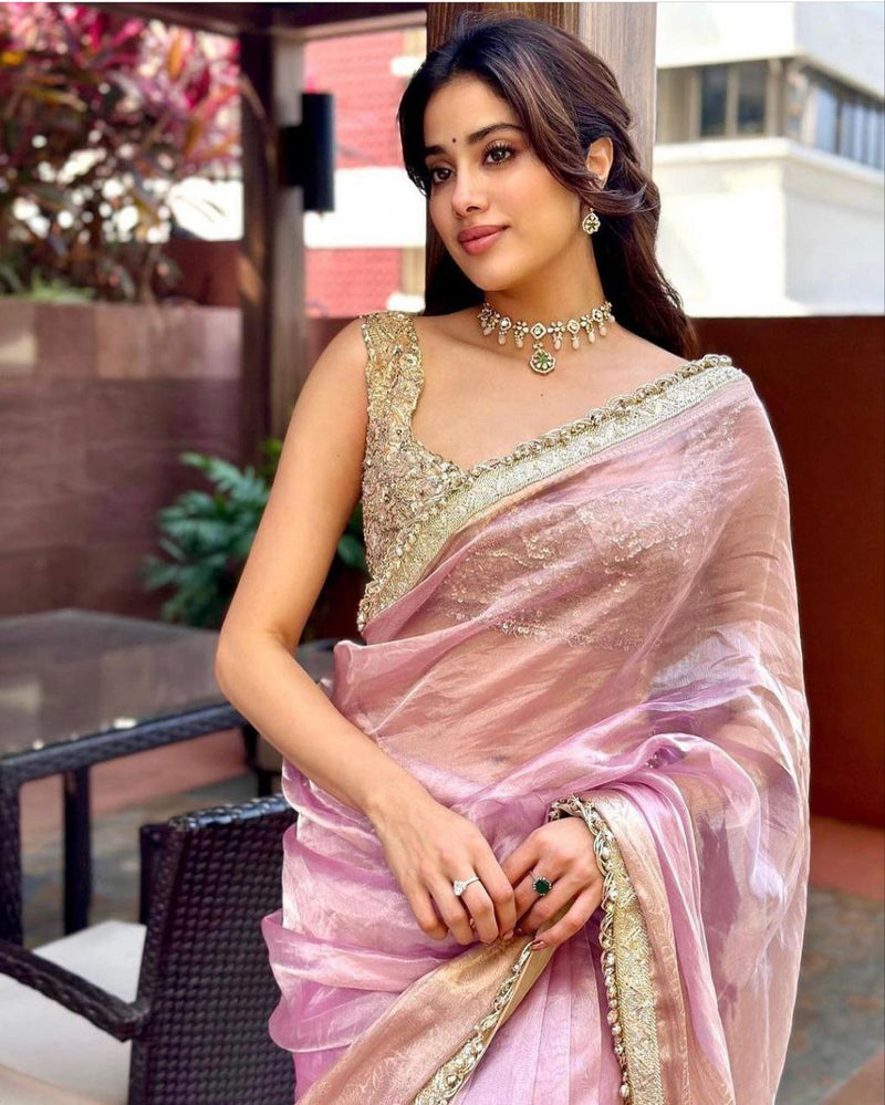 Glamour Unleashed: Satin Organza Saree in Silver & Peach