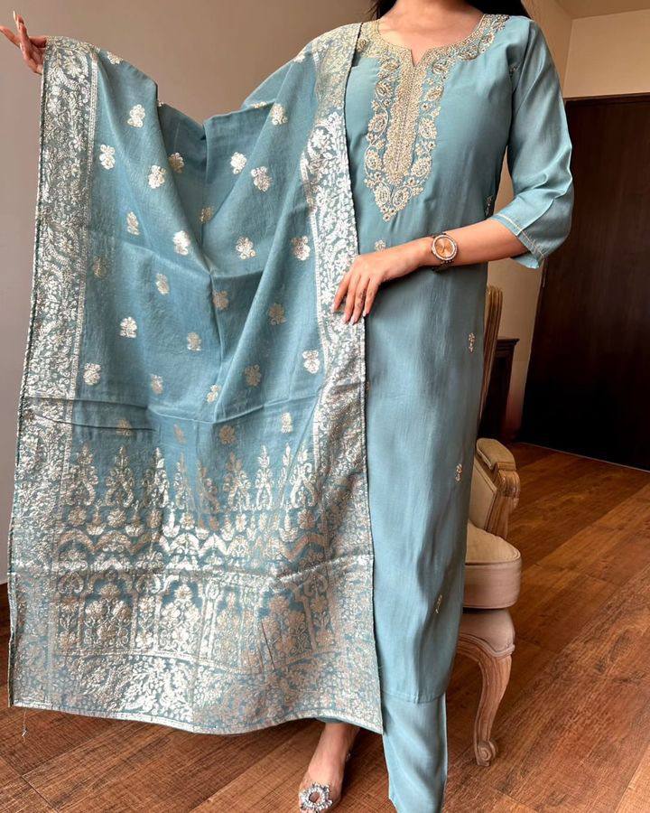 Heavy Designer Rama Chanderi Kurti Set with Embroidery and Jacquard Dupatta