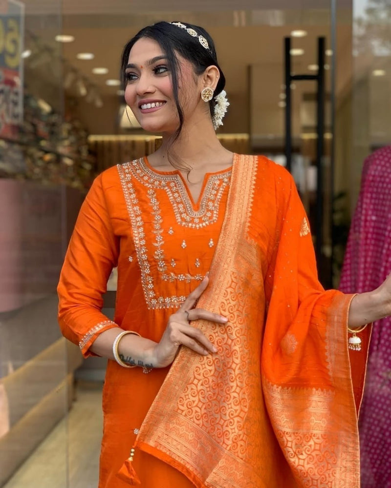 Designer Viscose Chanderi Embroidered A Line Kurta Set with Pants and Heavy Jacquard Dupatta for Women