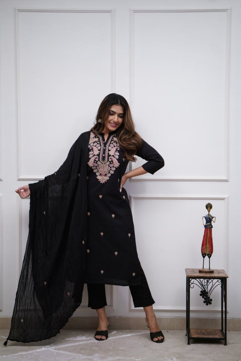 Black Berry  Embroidered Viscose Chanderi Straight Kurta With Trousers & Dupatta