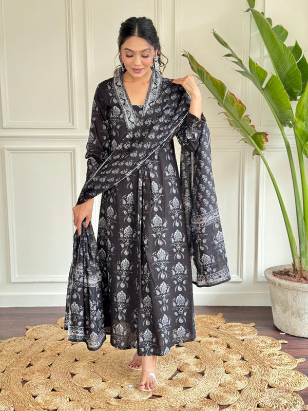 Black Printed Cotton Salwar Kameez