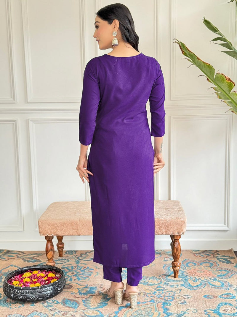 Purple Viscose Rayon Kurti Set with Heavy Neck Embroidery And Organza Dupatta