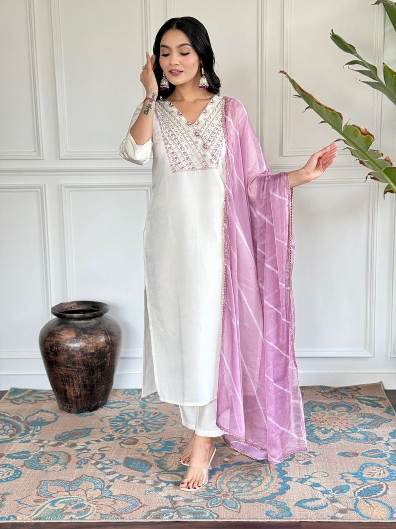 New Heavy Traditional White Kurta Suit Set With Pant And Leheriya Print Dupatta