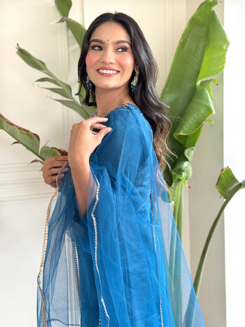 Beautiful Teal Blue Chanderi Viscose Function Wear Pant Suit With Net Dupatta