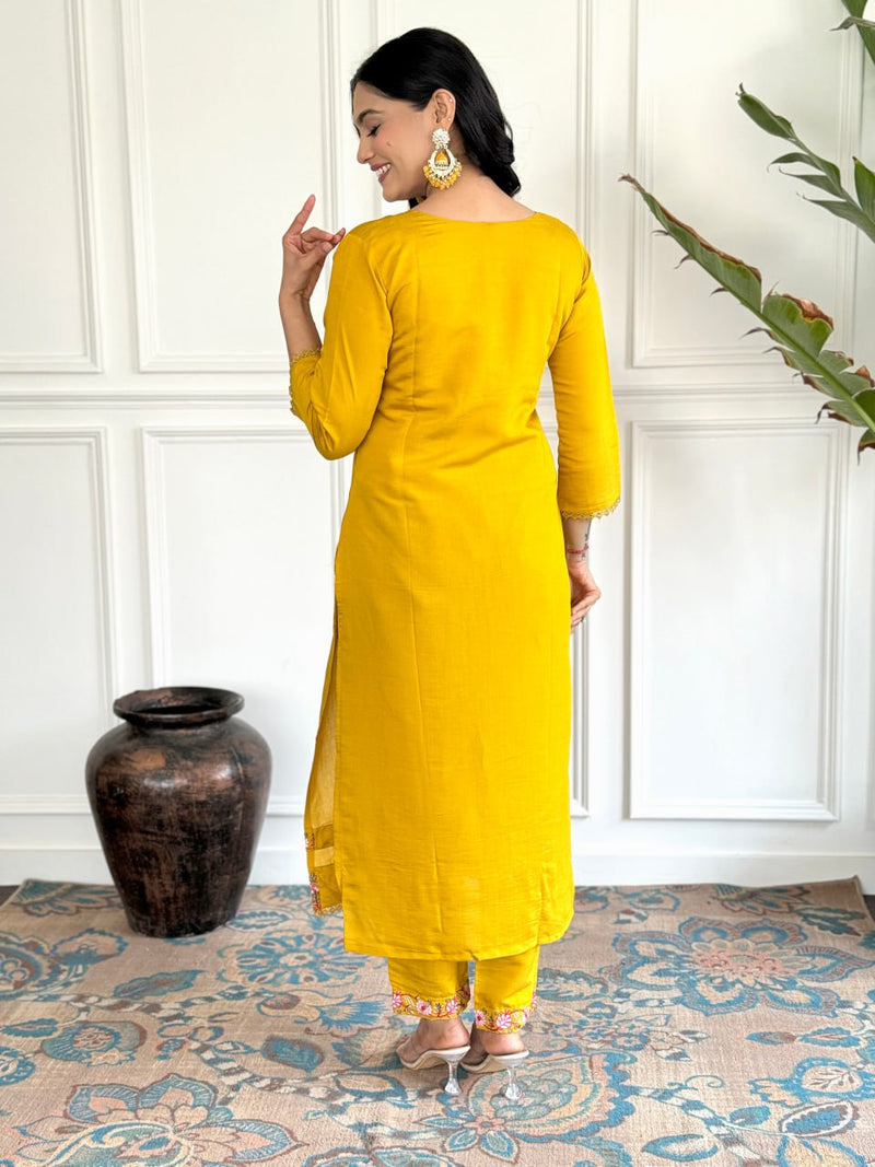 Mustard Yellow Embroidered Kurti Set with Taby Silk Dupatta