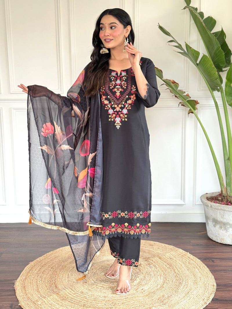 Black Chanderi Designer Embroidery Work With Printed Traditional Wear Readymade Salwar Kameez For Trendy Looks Stitched