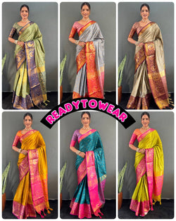 Just One Minute To Wear Designer Pure Silk Saree with Silver Gold Peacock Zari Minawork & Heavy Blouse