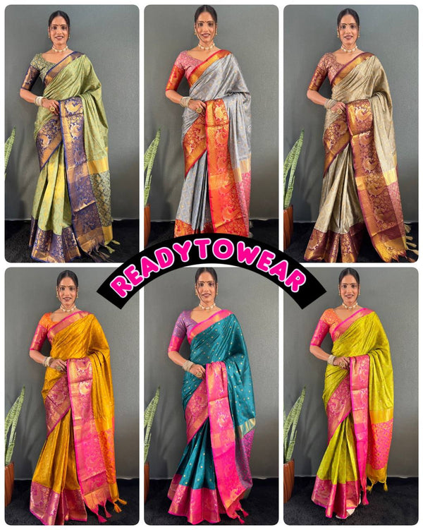 Just One Minute To Wear Designer Pure Silk Saree with Silver Gold Peacock Zari Minawork & Heavy Blouse