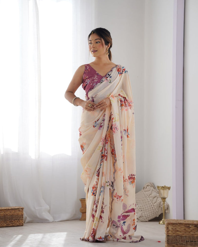 Elegant Cream Floral Printed Saree with Mauve Blouse