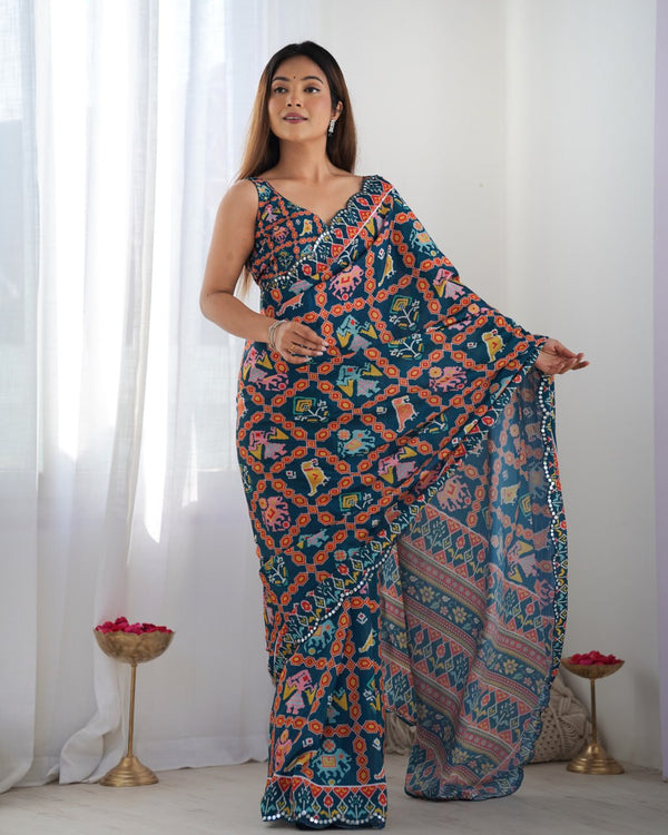 Kutchi Work Heavy Chinon Saree with Unstitched Blouse