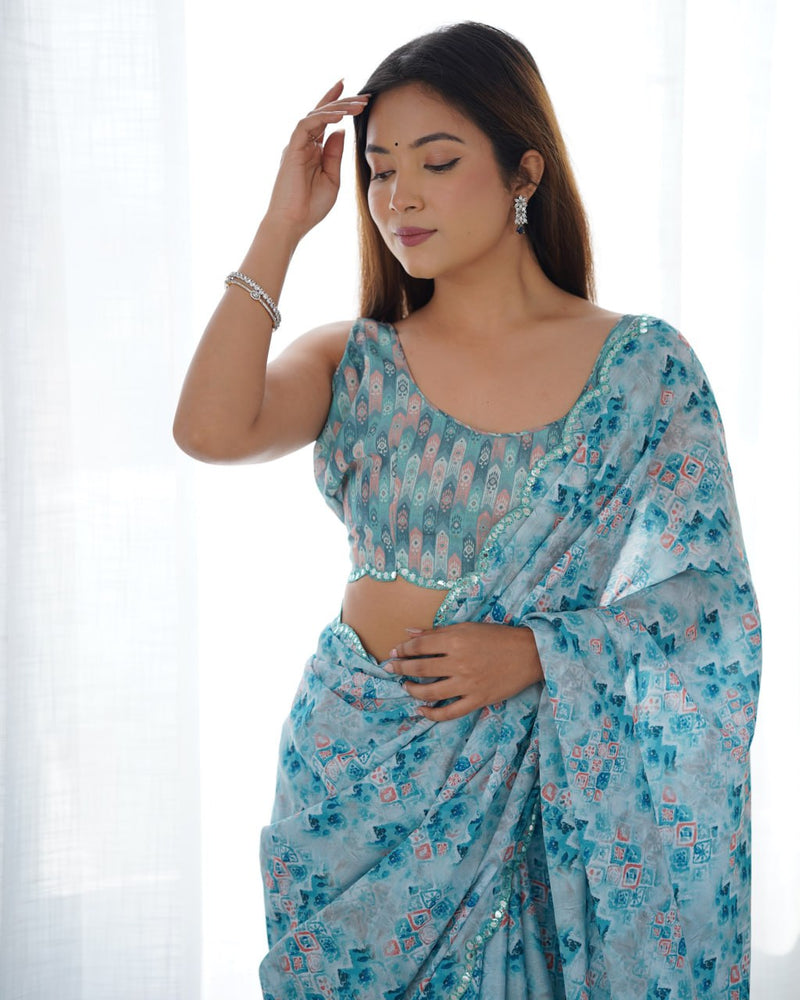 Elegant Pastel Aqua Blue Heavy Chinon Mirror Work Saree with Blouse