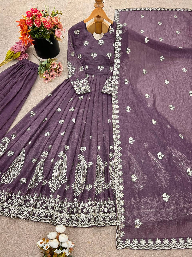 Embroidered Crunchy Silk Kurti Set with Plazzo & Dupatta