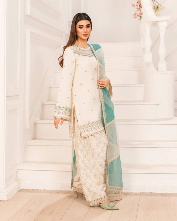 Pure Natural Crepe Designer Palazzo Suit Set with Embroidered Organza Dupatta