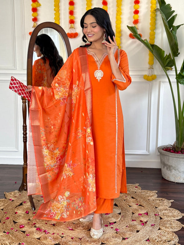 New Orange Designer Kurta Set with Embroidery and Silk Dupatta