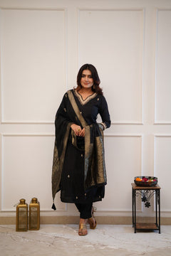 Chanderi Kurti Set with Embroidery and Jacquard Dupatta