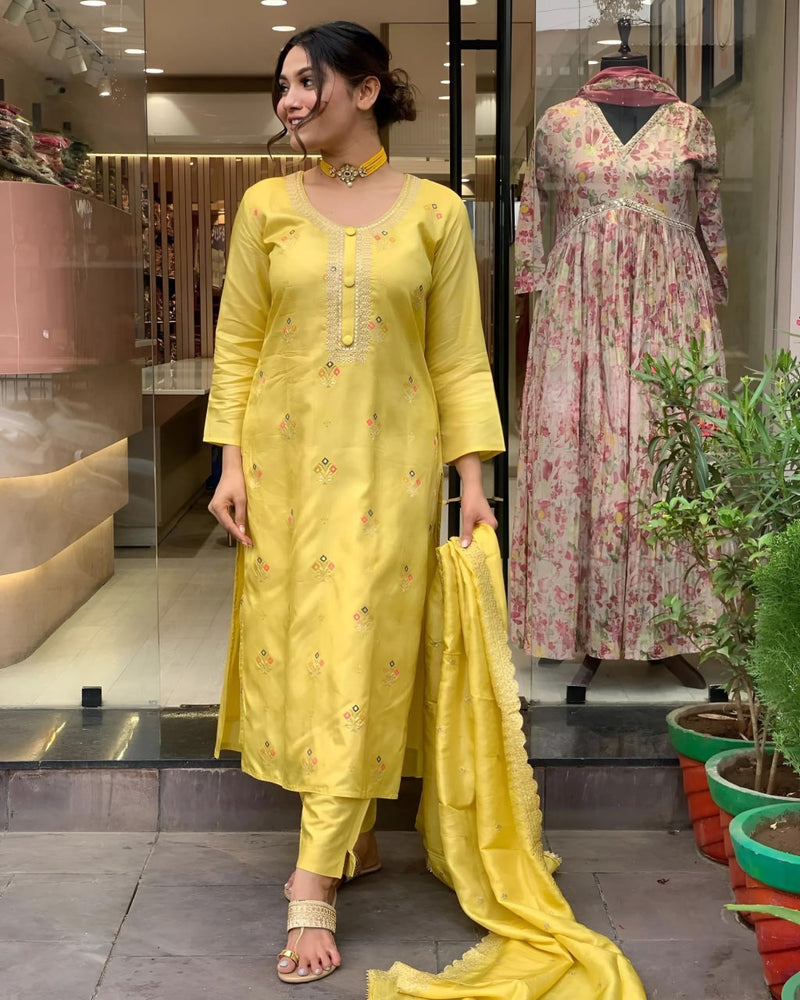 Vibrant Yellow Stylish Kurti Sets with Embroidery and Tebby Organza Dupatta