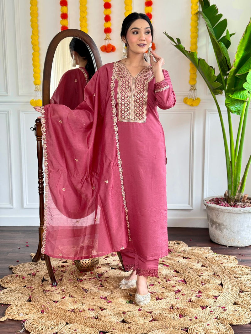 Trendy Embroidered Kurti Collections with Nylon Chanderi Dupatta