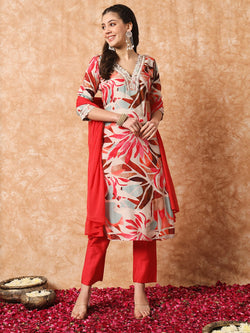 Multi Colour Rayon Kurti Set with Embroidered V-Neck & Nazmin Dupatta