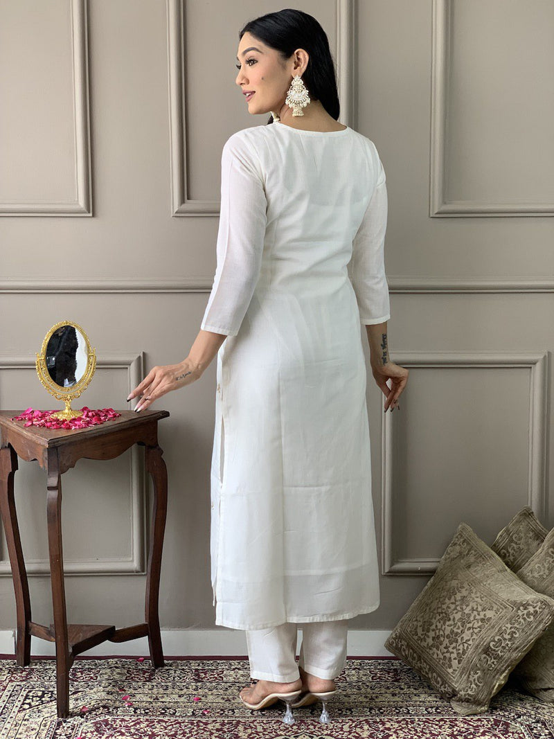 Classy White Viscose Chanderi With Embroidery Neck Work With Jacquard Silk Dupatta