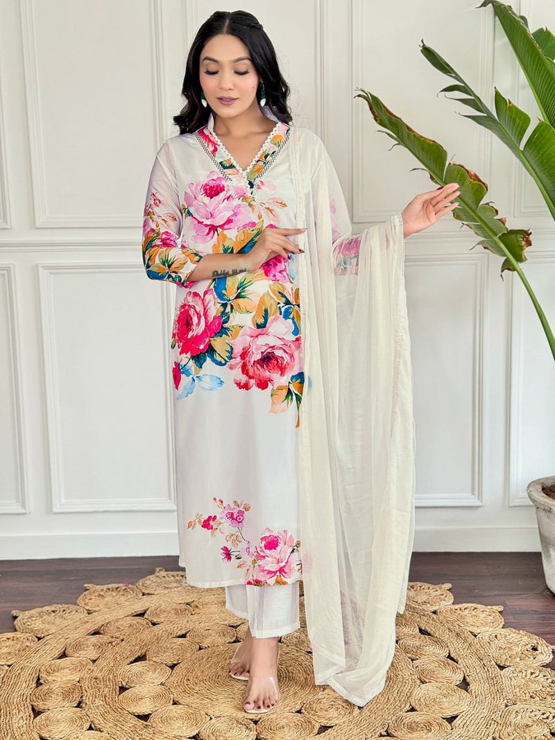 Floral Printed Kurta With Trousers & Dupatta