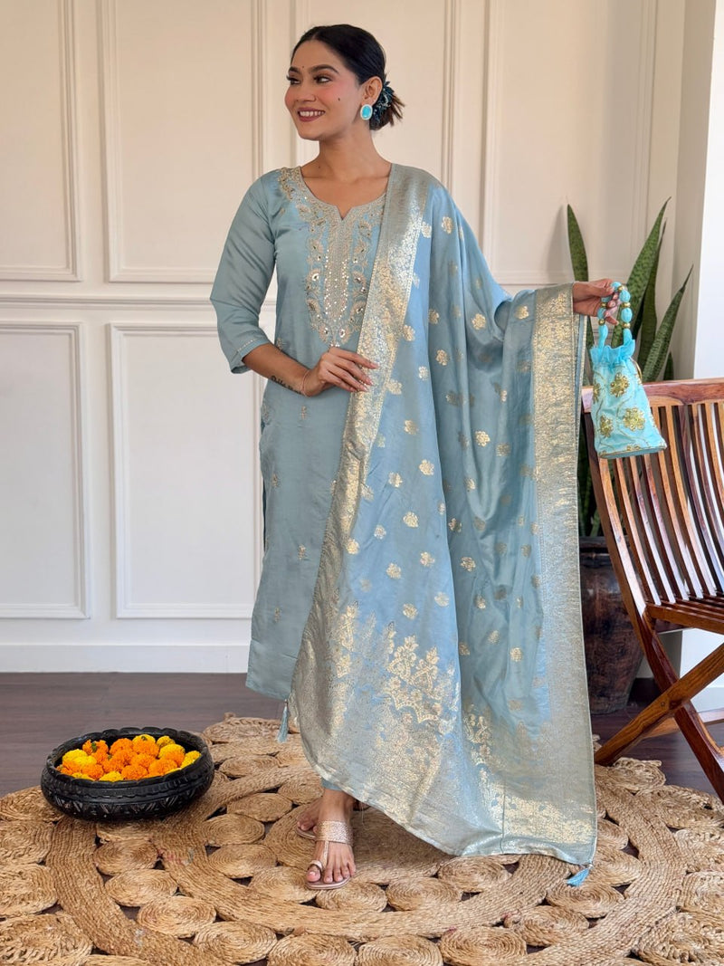 Luxury Viscose Chanderi Embroidery Kurti Set with Jacquard Dupatta