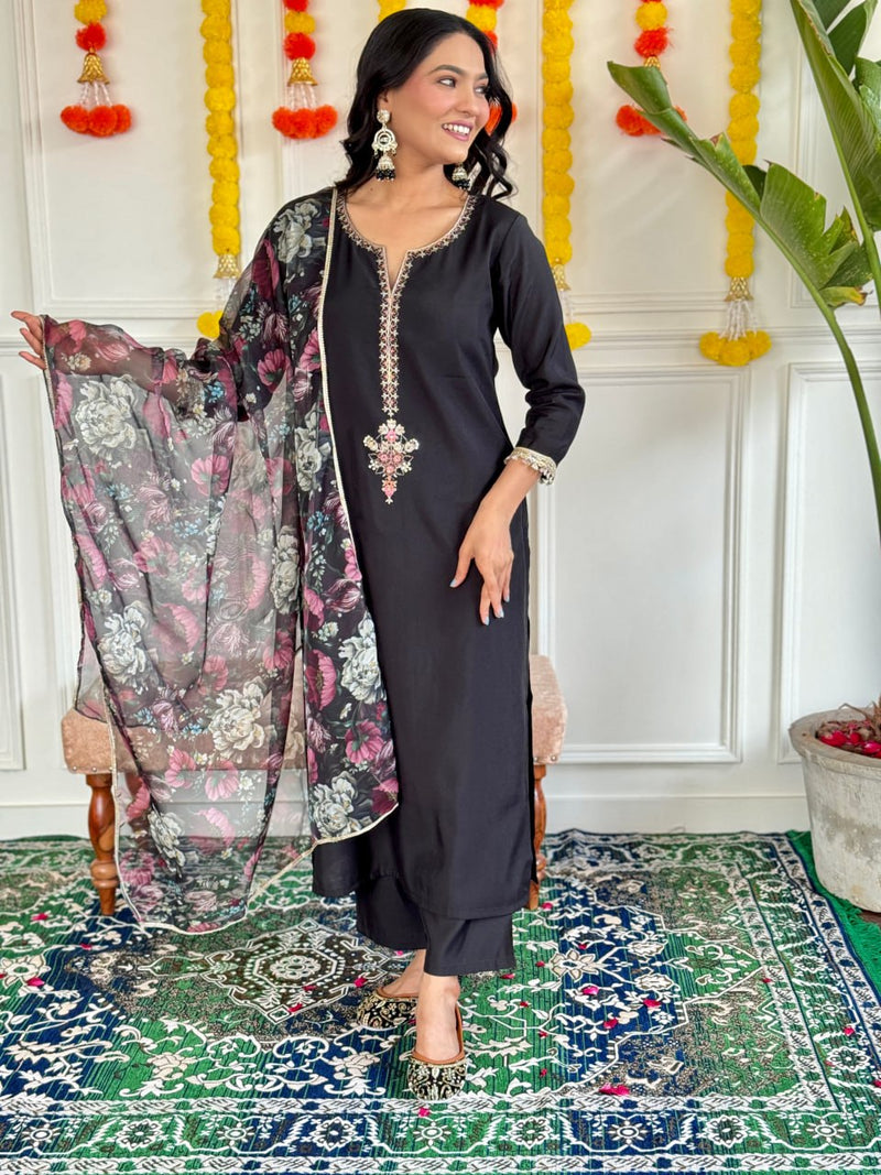 Midnight Black Embroidered Slub Rayon Kurti Set with Printed Silk Dupatta