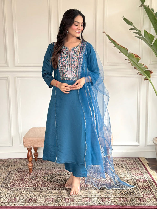 Beautiful Teal Blue Chanderi Viscose Function Wear Pant Suit With Net Dupatta