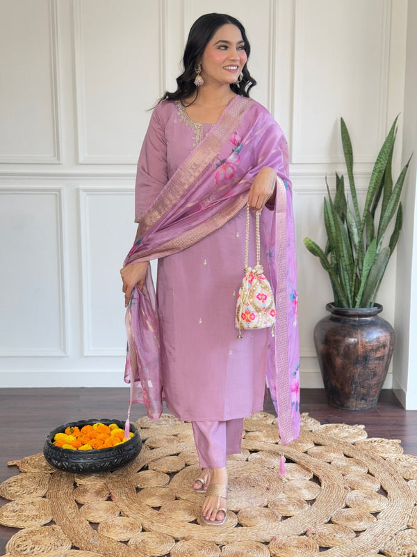 Iconic Embroidered Lavender Chanderi Party Salwar Suit