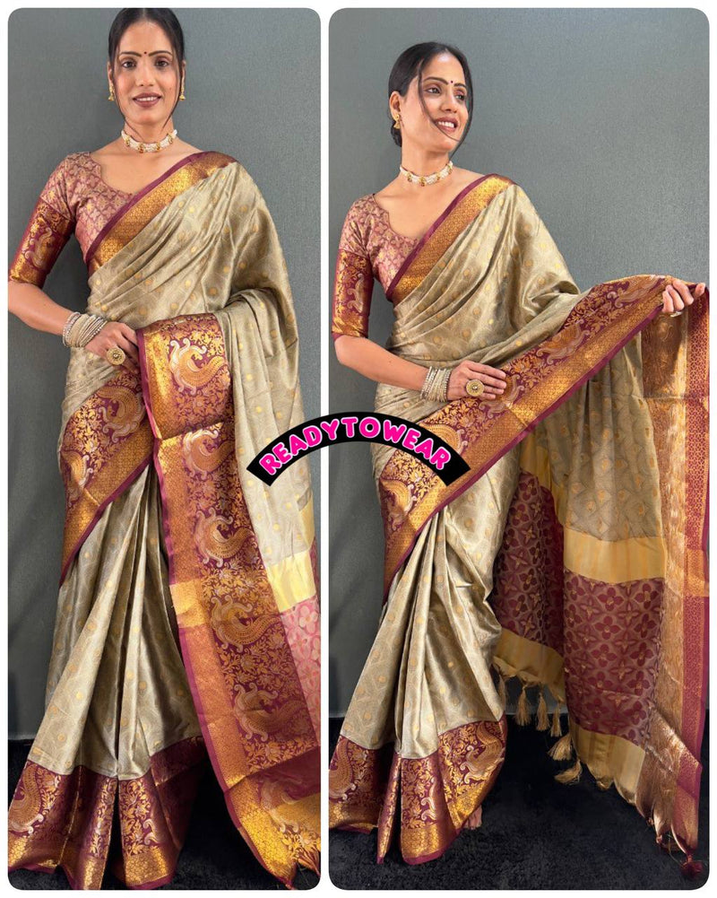 Just One Minute To Wear Designer Pure Silk Saree with Silver Gold Peacock Zari Minawork & Heavy Blouse