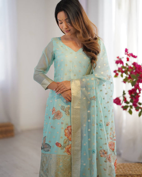 Partywear Chanderi Silk Dress Set with Digital Print Dupatta