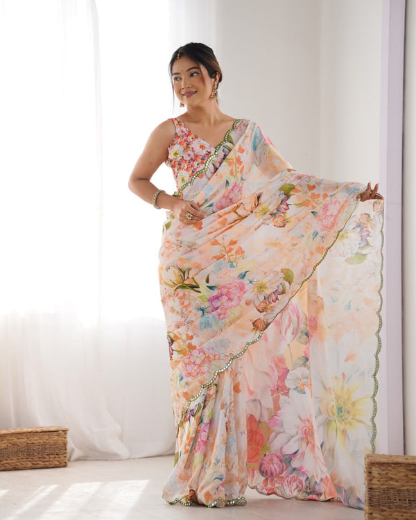 Traditional Kutchi Work Saree with Unstitched Blouse