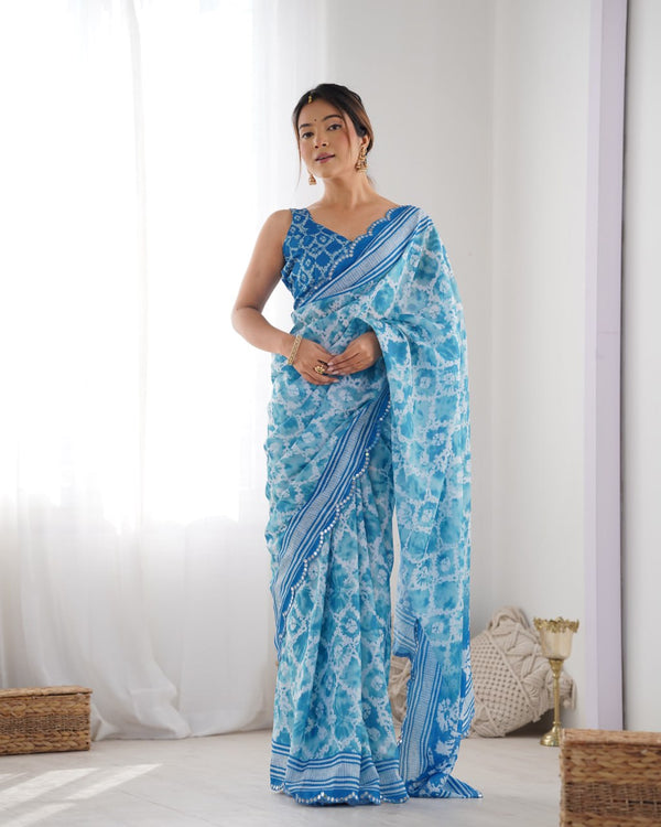 Designer Heavy Chinon Saree with Mirror Work & Unstitched Blouse