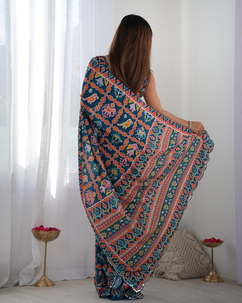 Kutchi Work Heavy Chinon Saree with Unstitched Blouse