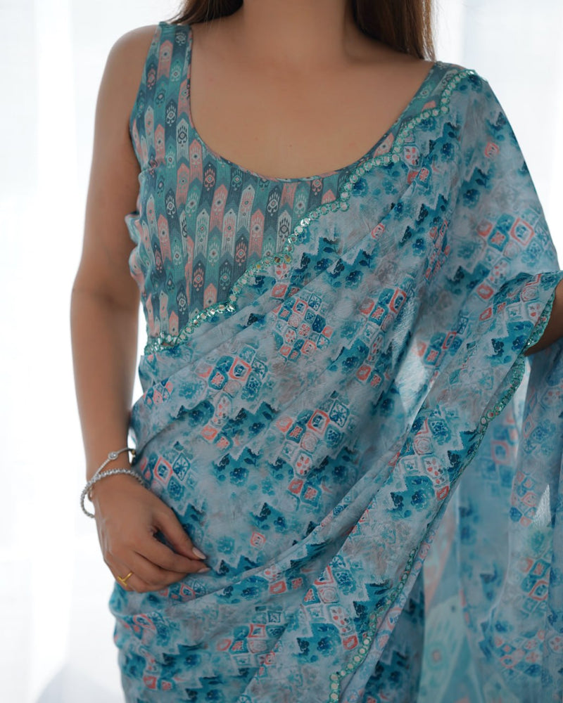 Elegant Pastel Aqua Blue Heavy Chinon Mirror Work Saree with Blouse