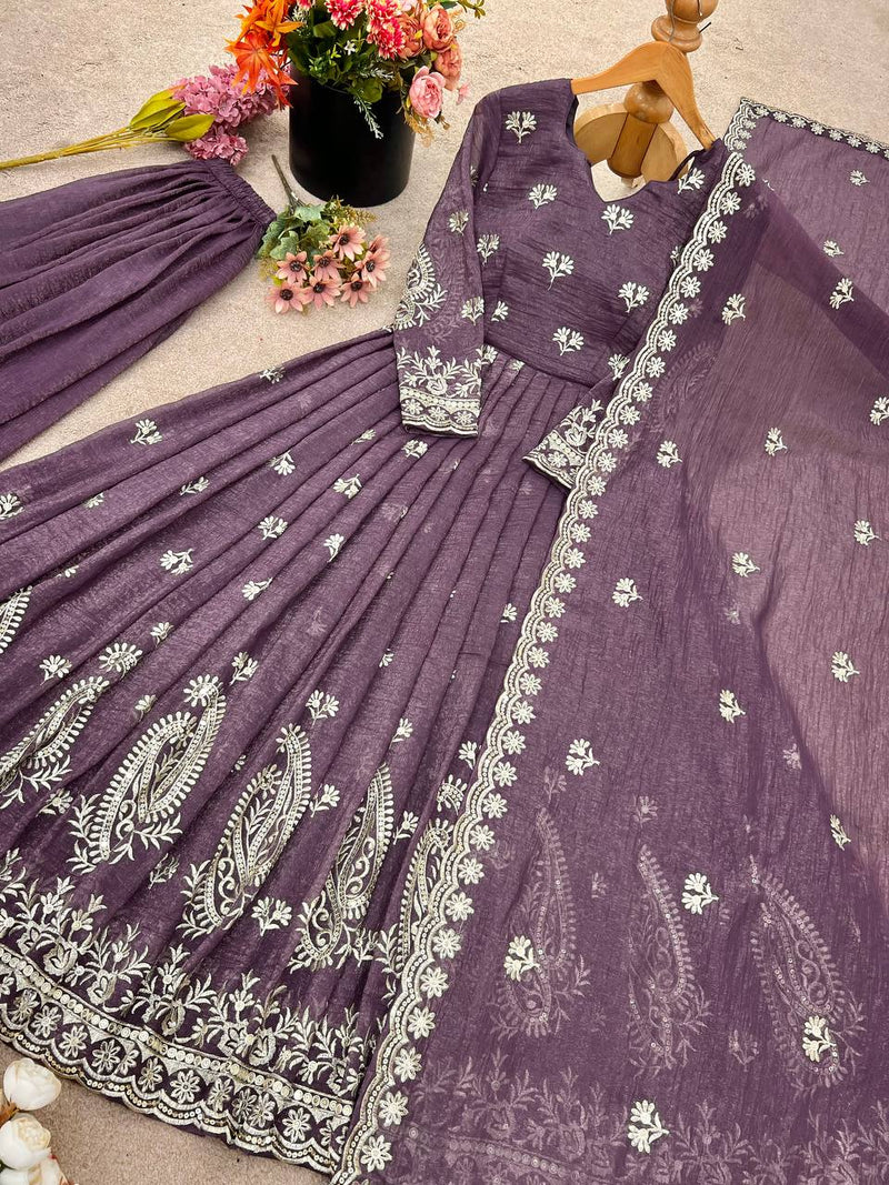 Embroidered Crunchy Silk Kurti Set with Plazzo & Dupatta